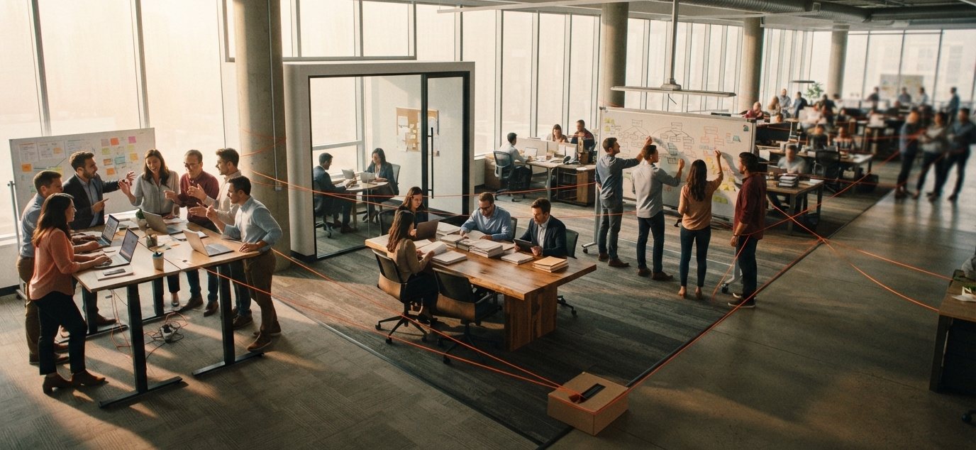 An open-plan floor from above, different teams working in different ways, joined by an orange thread.