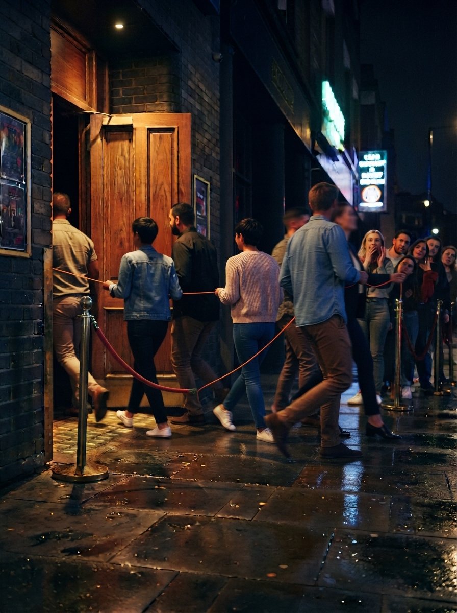 A team walking through an unclipped velvet rope into a club, an orange thread trailing behind.