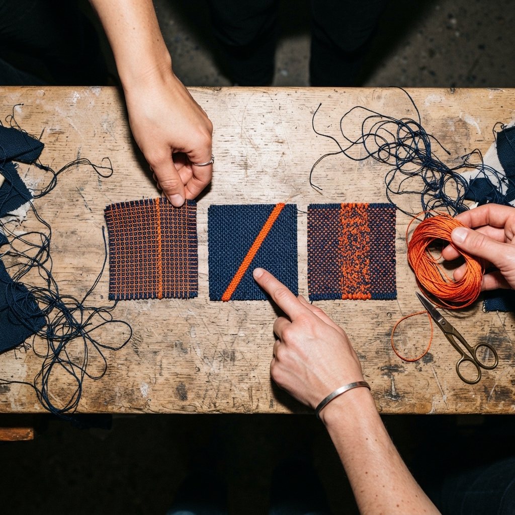 Hands choosing between three woven swatches, each with an orange thread, on a workbench.
