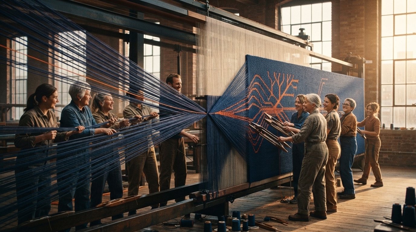 A wall-sized loom drawing navy threads and one orange thread into a single woven cloth.