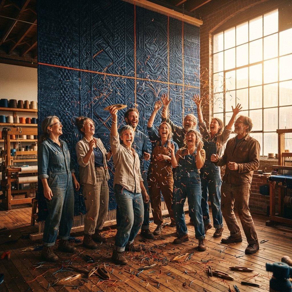 A team celebrating in front of a woven wall of navy threads with one orange line through every pattern.