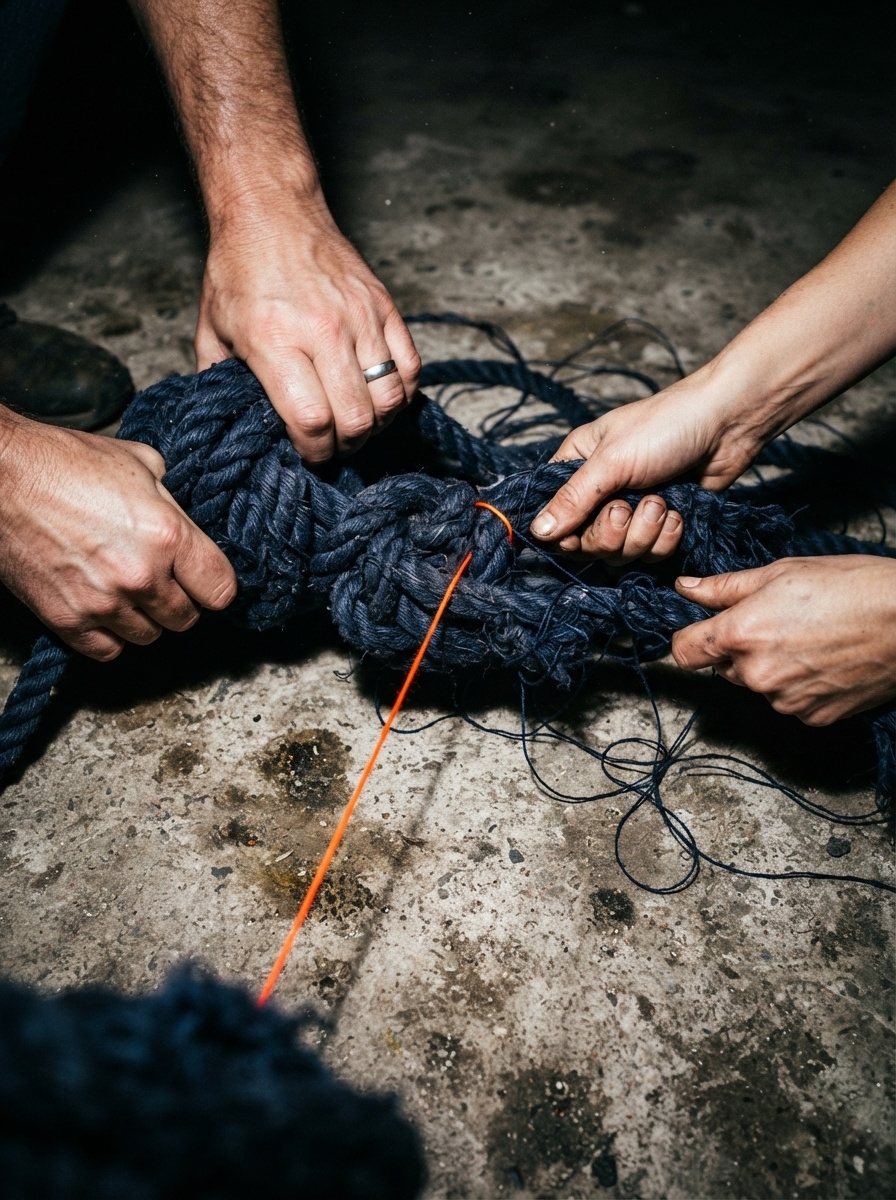 Hands wrestling a tangle of navy rope, with one orange thread running taut through the knot.