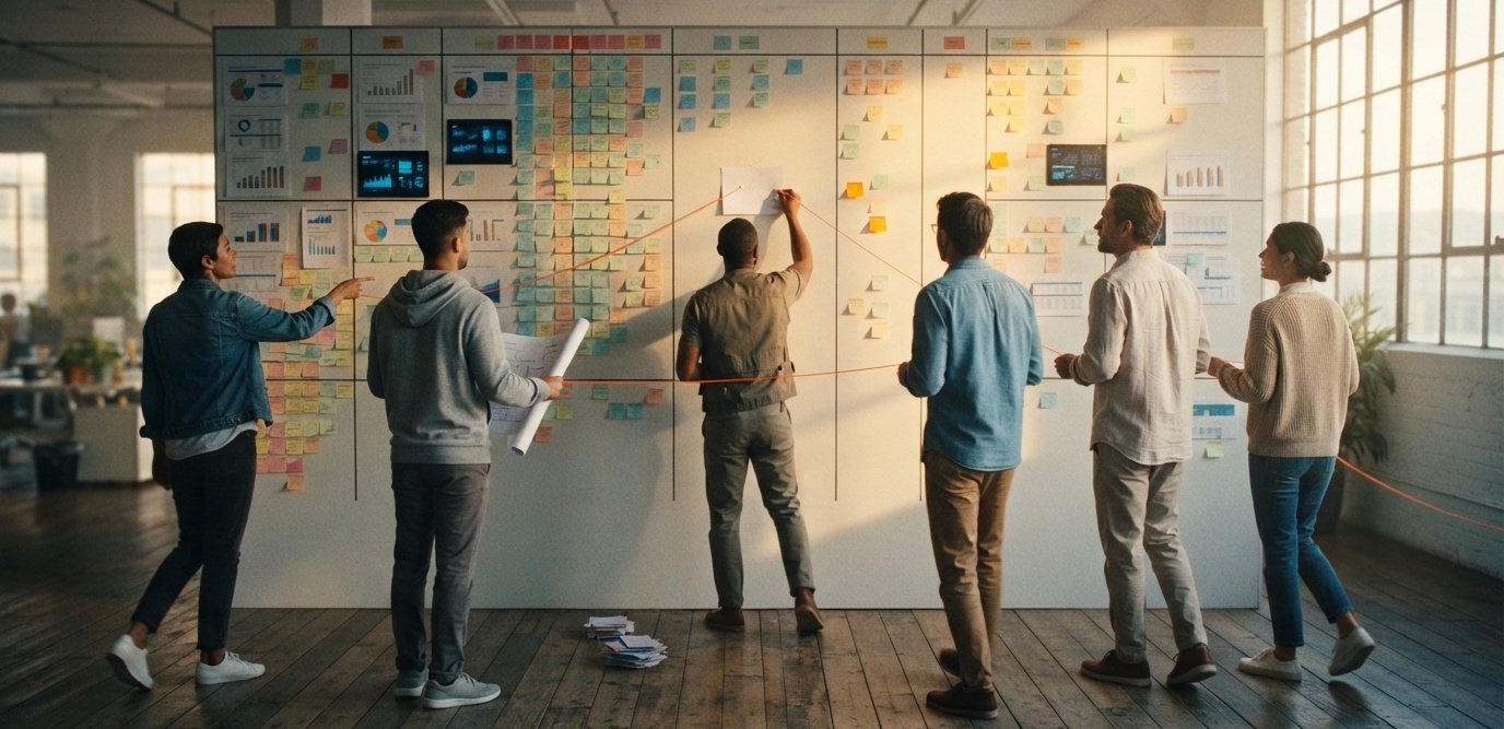 A team turning together toward a new direction in front of a wall of signals, joined by a single orange thread.
