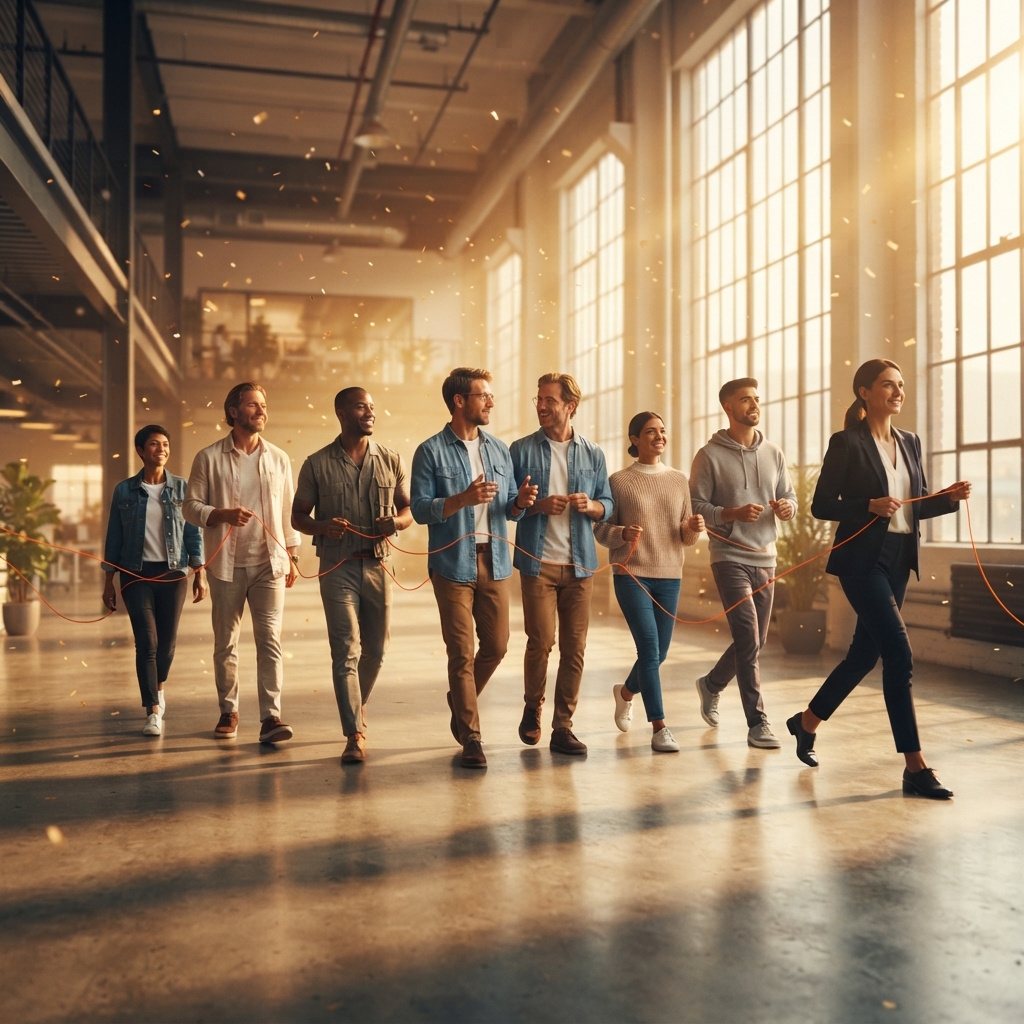A team striding across a bright concourse, all heading the same way.