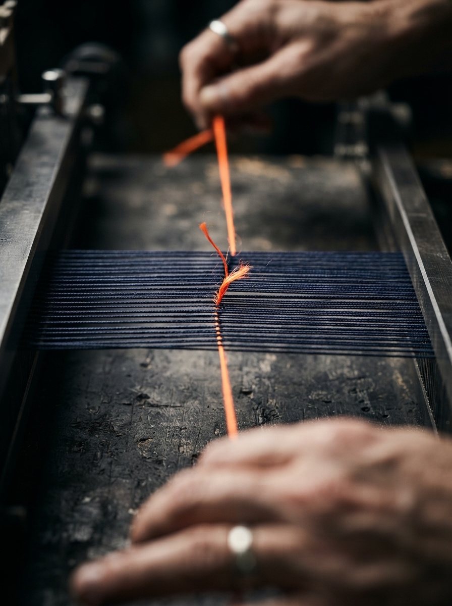 A row of navy threads with one orange thread snapping out of line.