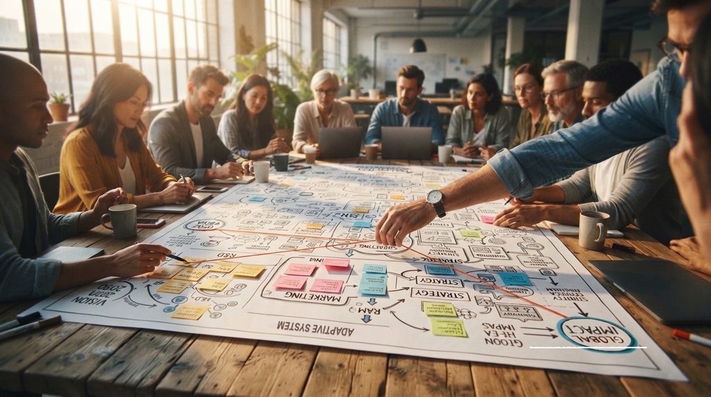 A team of colleagues around a large table, working through a system map covered in sticky notes.